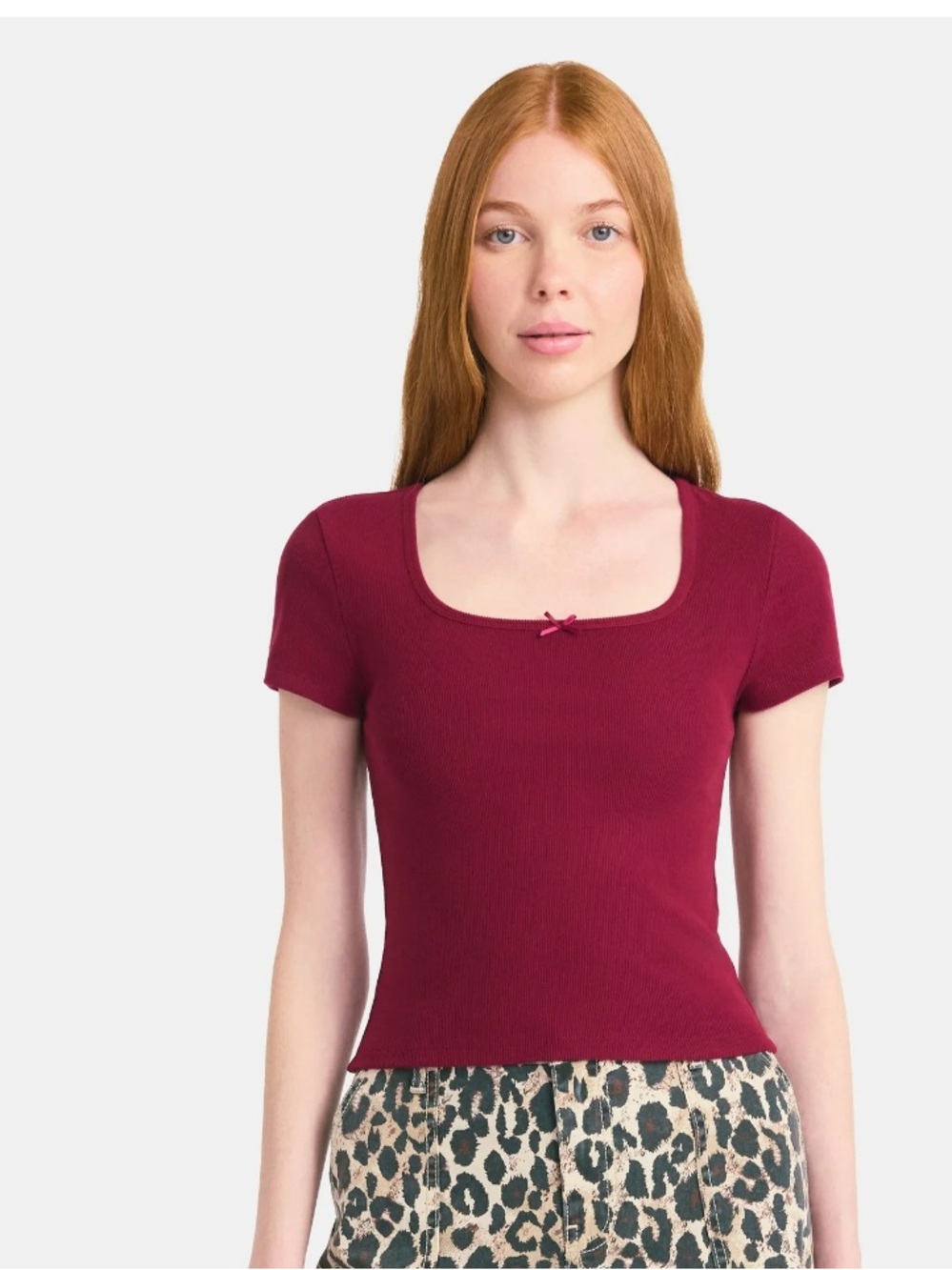 No Boundaries Ribbed Square-Neck Short Sleeve Top - Wine